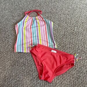 Mia & Miles Girls Rainbow Stripe Tankini Two Piece Swimsuit‎ Coral Pink Size 6